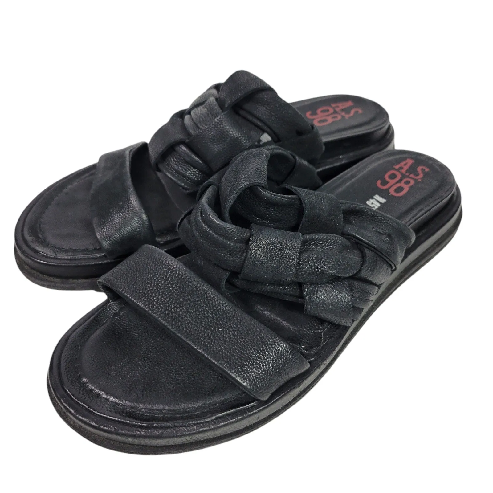 AS98 Purt Woven Strap Sandals Black Leather Platform Chunky Bohemian Slide Size 40 9