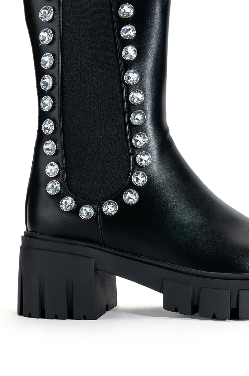 AZALEA WANG LINCOLN RHINESTONE FLATFORM BOOTIE IN BLACK