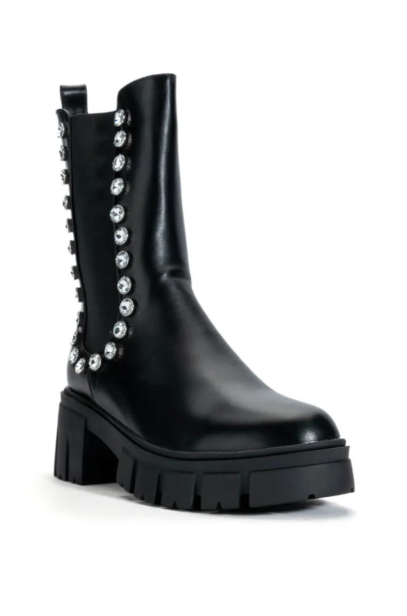 AZALEA WANG LINCOLN RHINESTONE FLATFORM BOOTIE IN BLACK