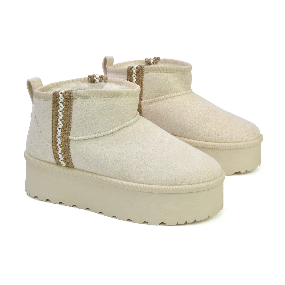 Bexley Aztec Ankle Platform Ultra Mini Boots With Faux Fur Insole in Black