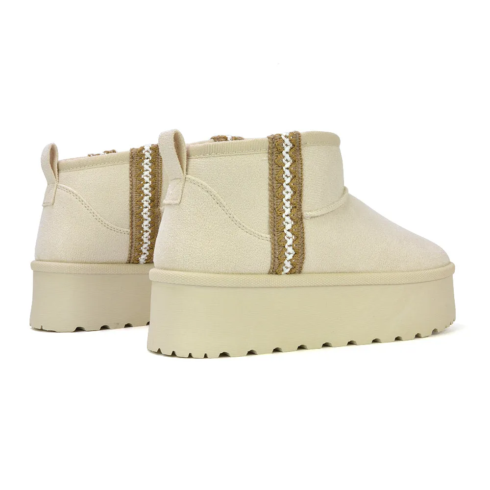 Bexley Aztec Ankle Platform Ultra Mini Boots With Faux Fur Insole in Black