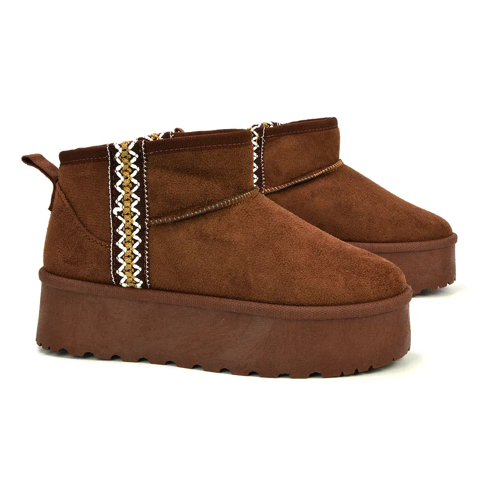 Bexley Aztec Ankle Platform Ultra Mini Boots With Faux Fur Insole in Black