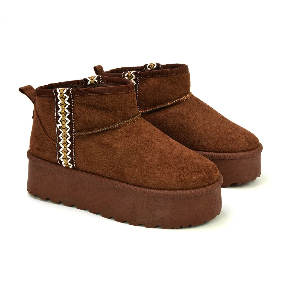 Bexley Aztec Ankle Platform Ultra Mini Boots With Faux Fur Insole in Black
