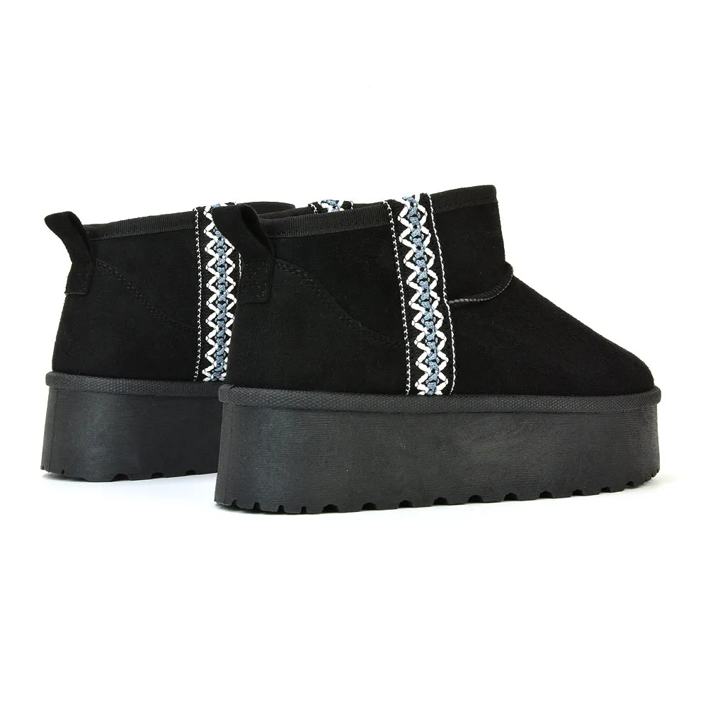 Bexley Aztec Ankle Platform Ultra Mini Boots With Faux Fur Insole in Black