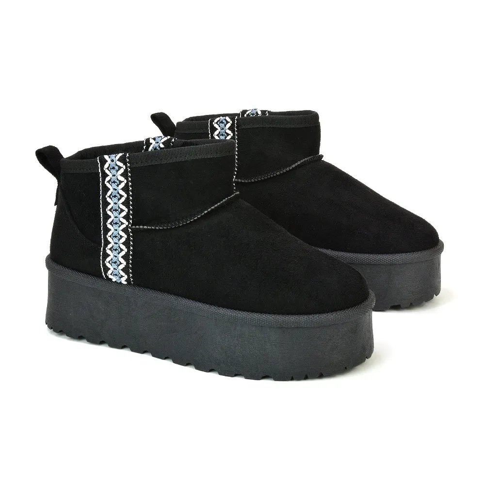 Bexley Aztec Ankle Platform Ultra Mini Boots With Faux Fur Insole in Black