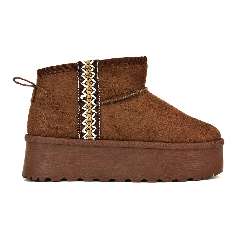 Bexley Aztec Ankle Platform Ultra Mini Boots With Faux Fur Insole in Black
