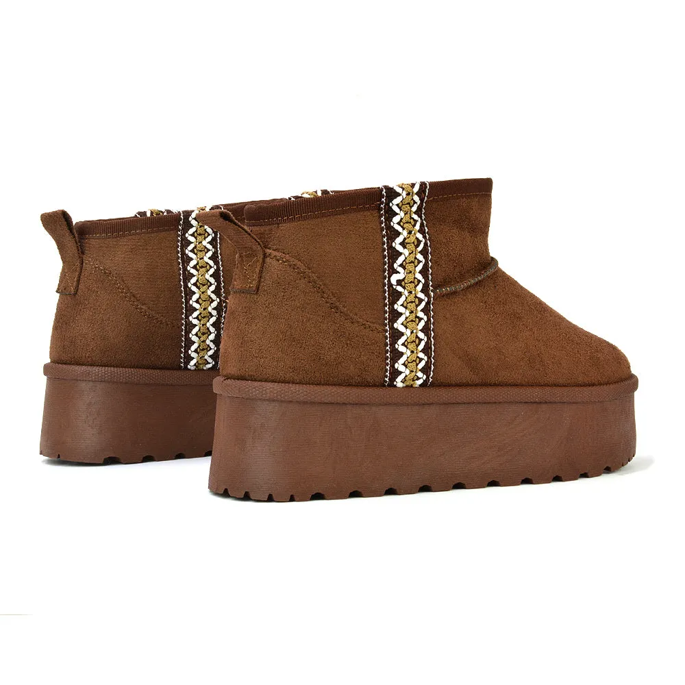 Bexley Aztec Ankle Platform Ultra Mini Boots With Faux Fur Insole in Black