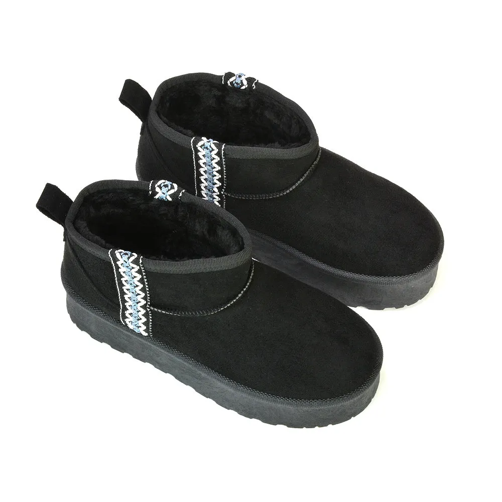 Bexley Aztec Ankle Platform Ultra Mini Boots With Faux Fur Insole in Black