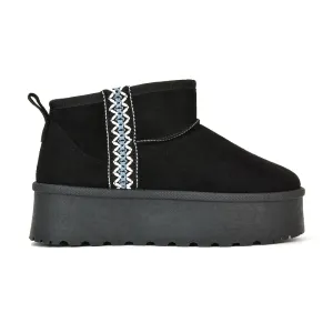Bexley Aztec Ankle Platform Ultra Mini Boots With Faux Fur Insole in Black