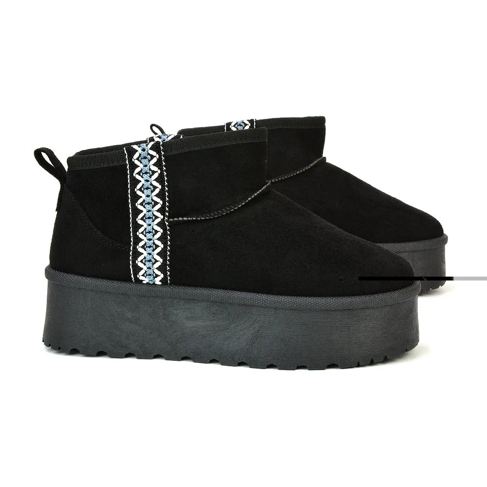 Bexley Aztec Ankle Platform Ultra Mini Boots With Faux Fur Insole in Black