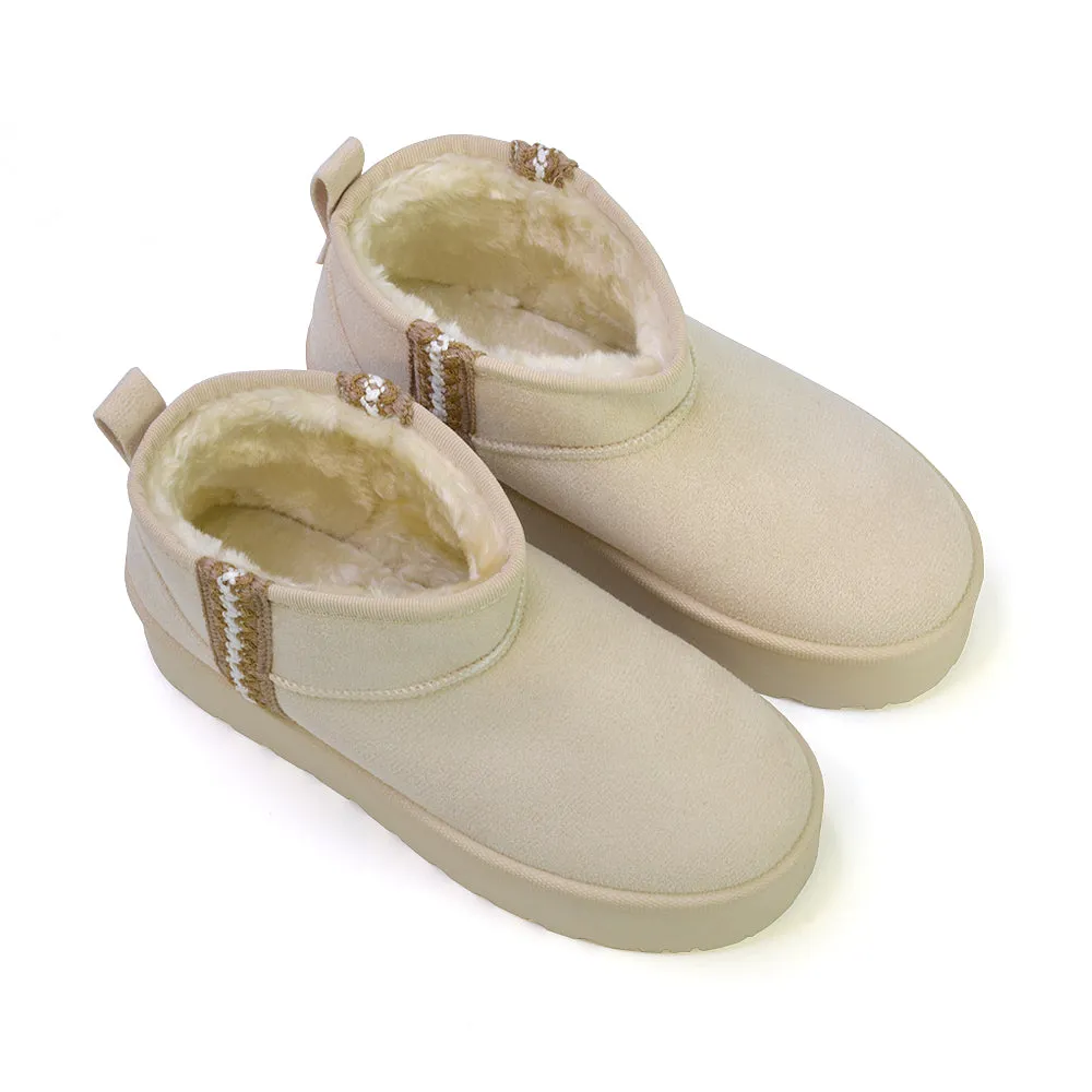 Bexley Aztec Ankle Platform Ultra Mini Boots With Faux Fur Insole in Cream