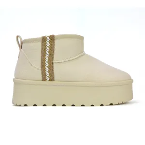 Bexley Aztec Ankle Platform Ultra Mini Boots With Faux Fur Insole in Cream