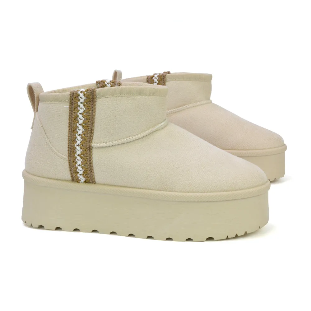 Bexley Aztec Ankle Platform Ultra Mini Boots With Faux Fur Insole in Cream