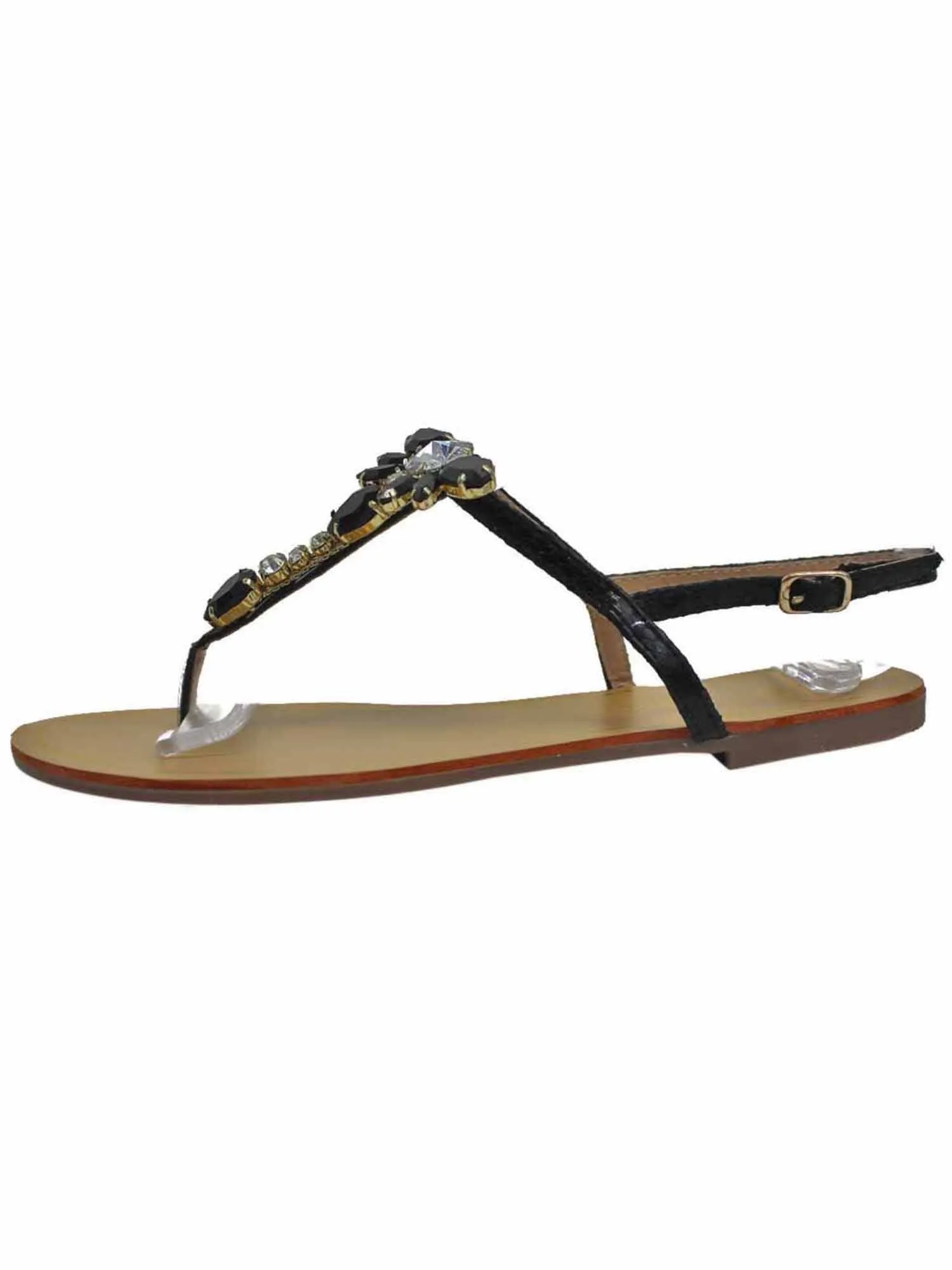 Black Strappy Rhinestone Flat Womens Sandals Size 6.5