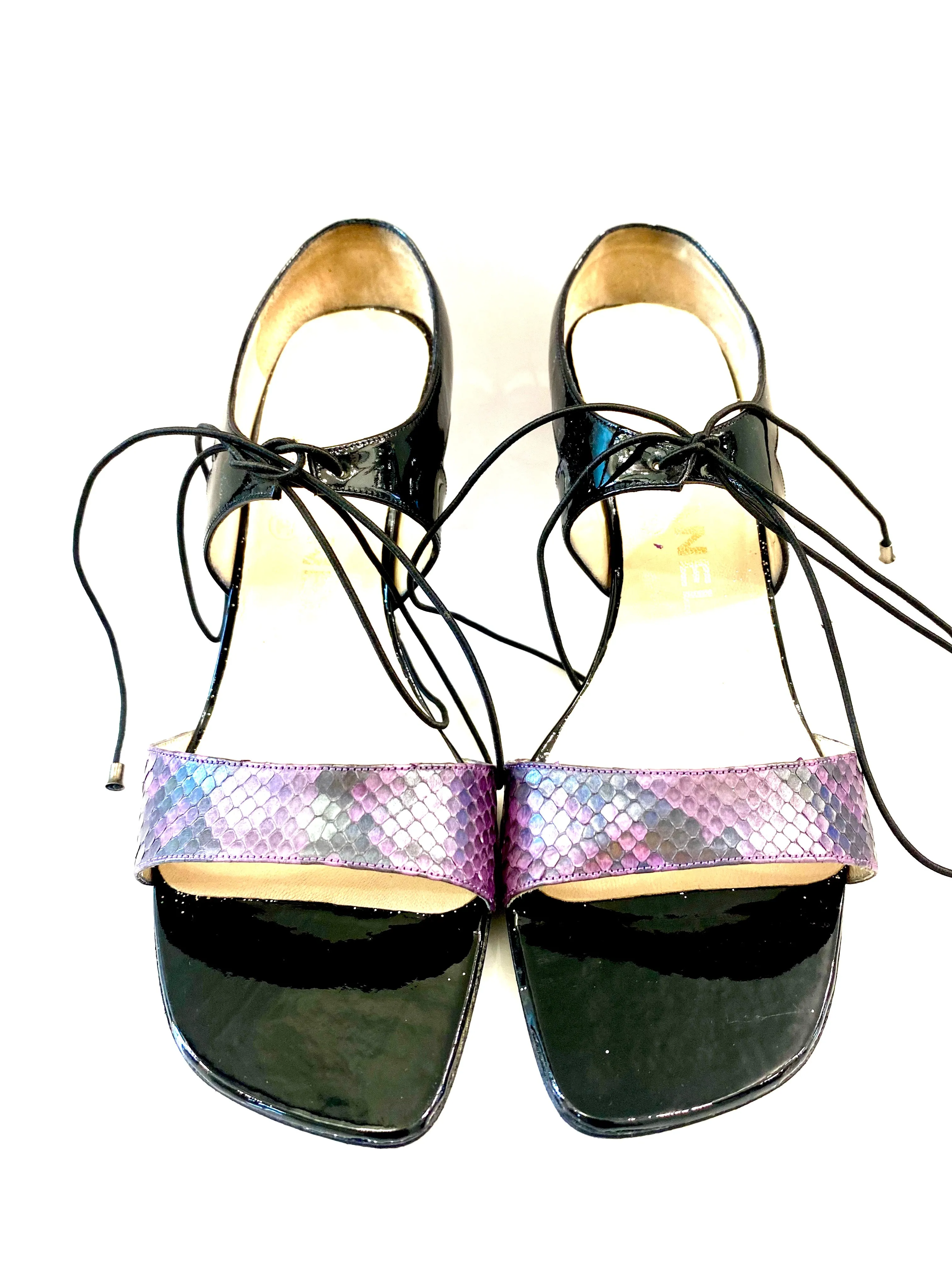 CHANEL VINTAGE SNAKESKIN TRIMMED PATENT HEELED SANDALS