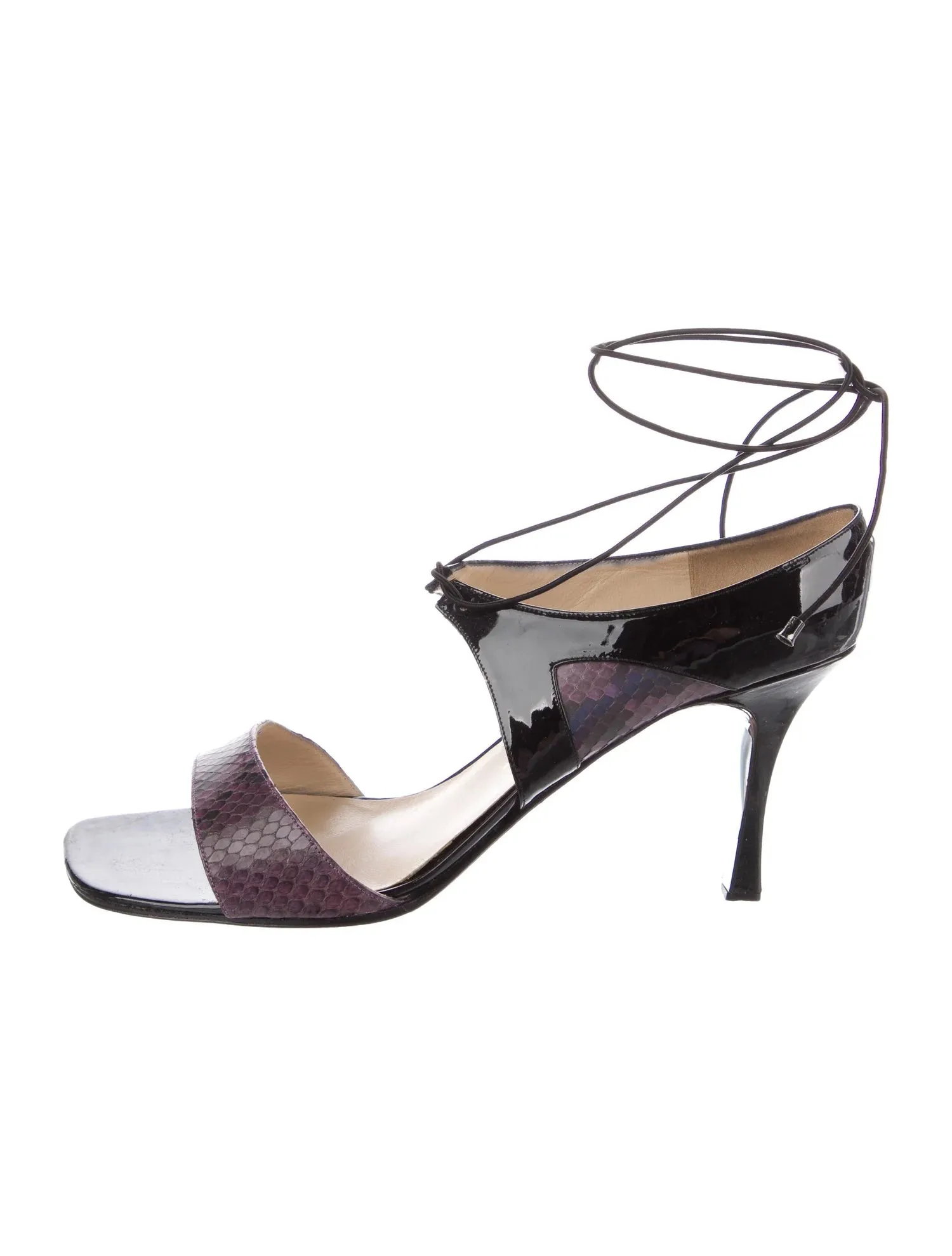 CHANEL VINTAGE SNAKESKIN TRIMMED PATENT HEELED SANDALS