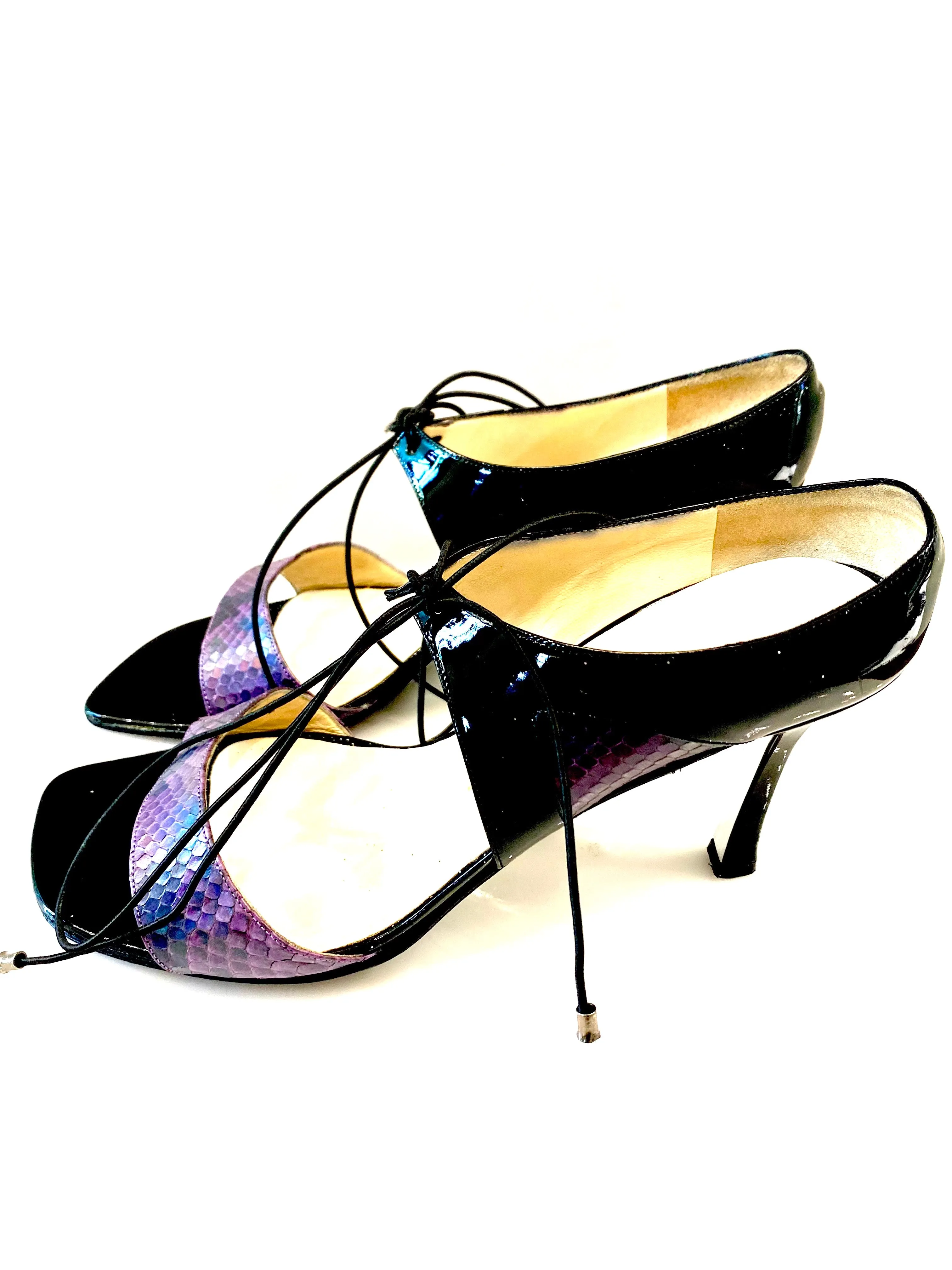 CHANEL VINTAGE SNAKESKIN TRIMMED PATENT HEELED SANDALS