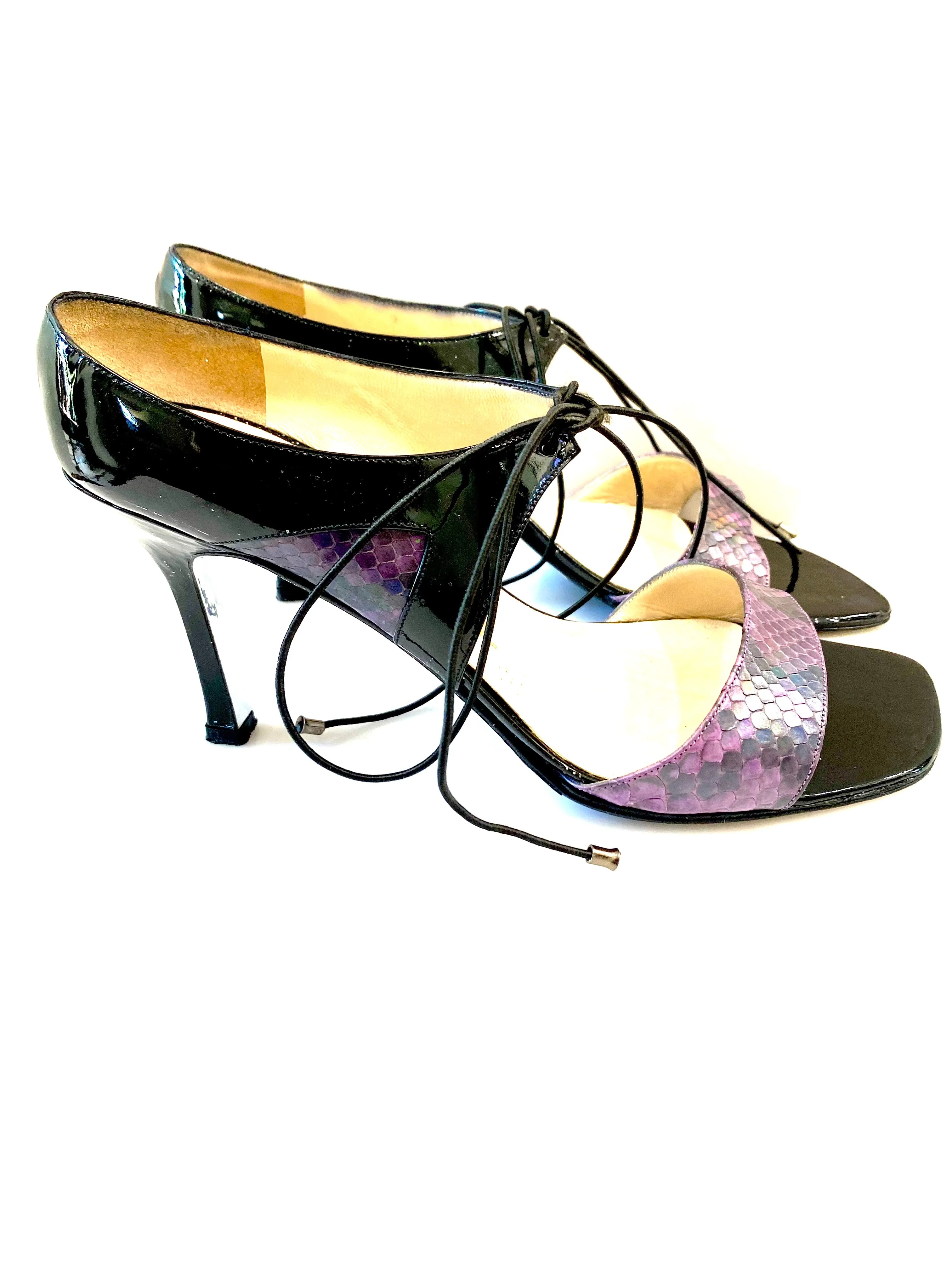 CHANEL VINTAGE SNAKESKIN TRIMMED PATENT HEELED SANDALS