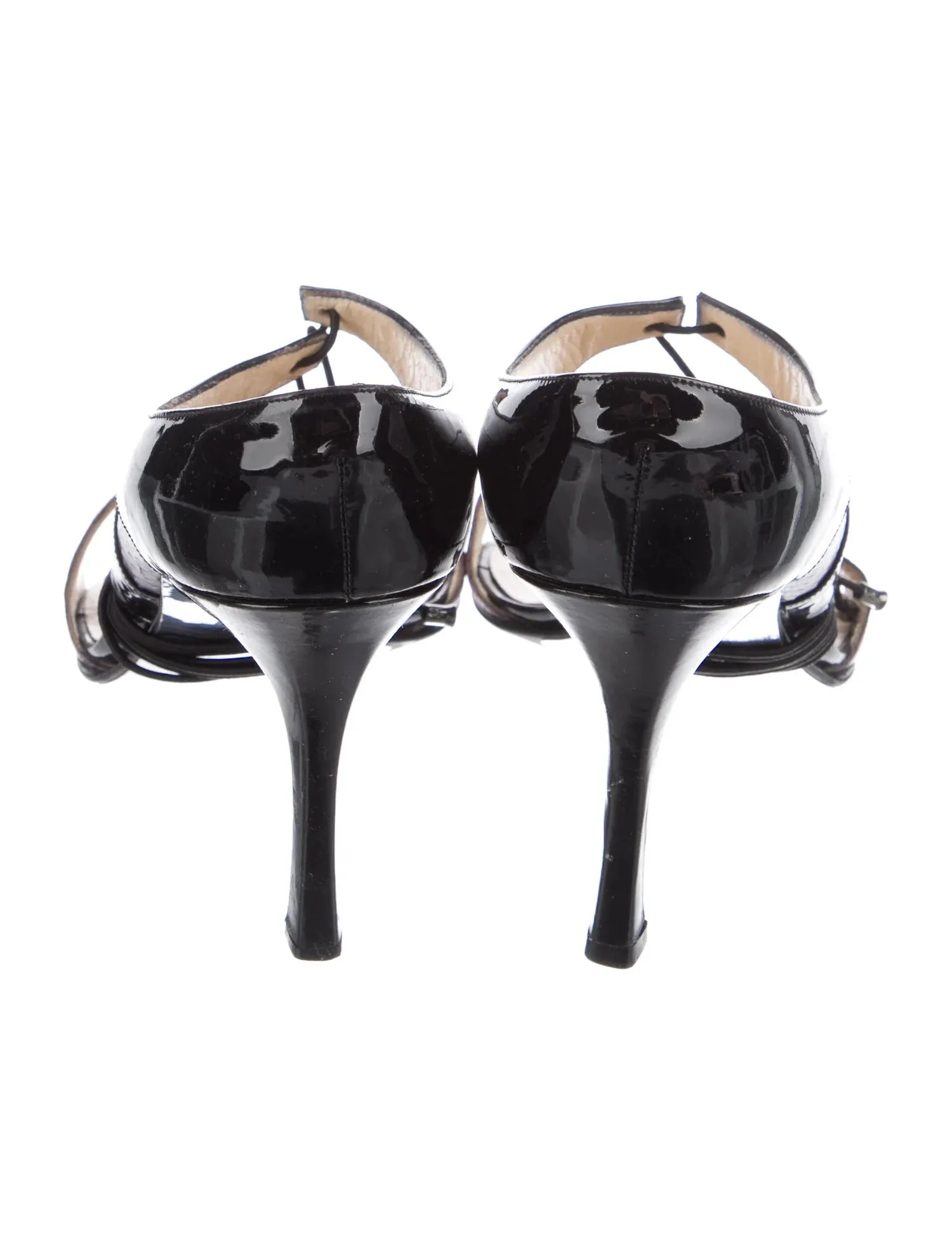 CHANEL VINTAGE SNAKESKIN TRIMMED PATENT HEELED SANDALS