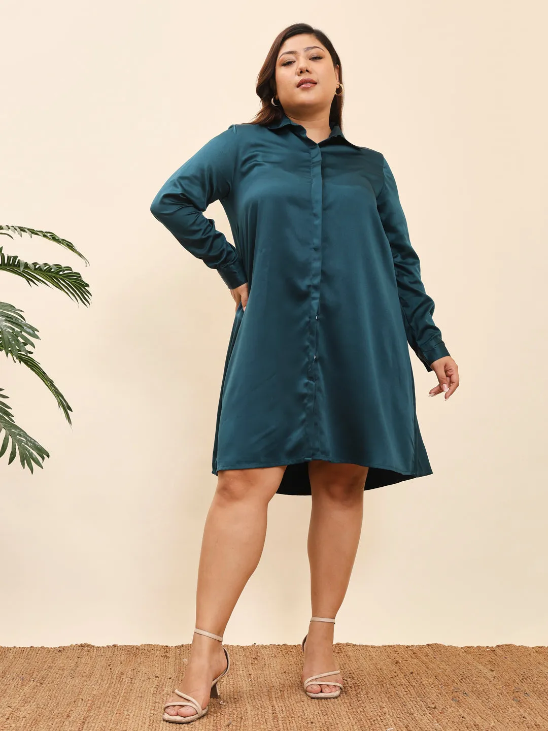 HOOR - GREEN SATIN KNEE LENGTH SHIRT PLUS DRESS