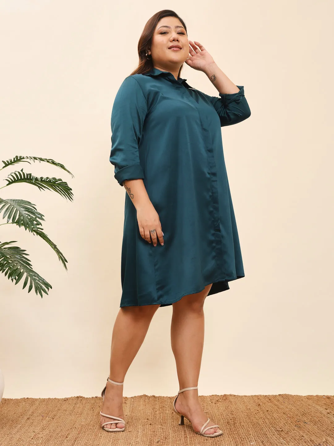 HOOR - GREEN SATIN KNEE LENGTH SHIRT PLUS DRESS