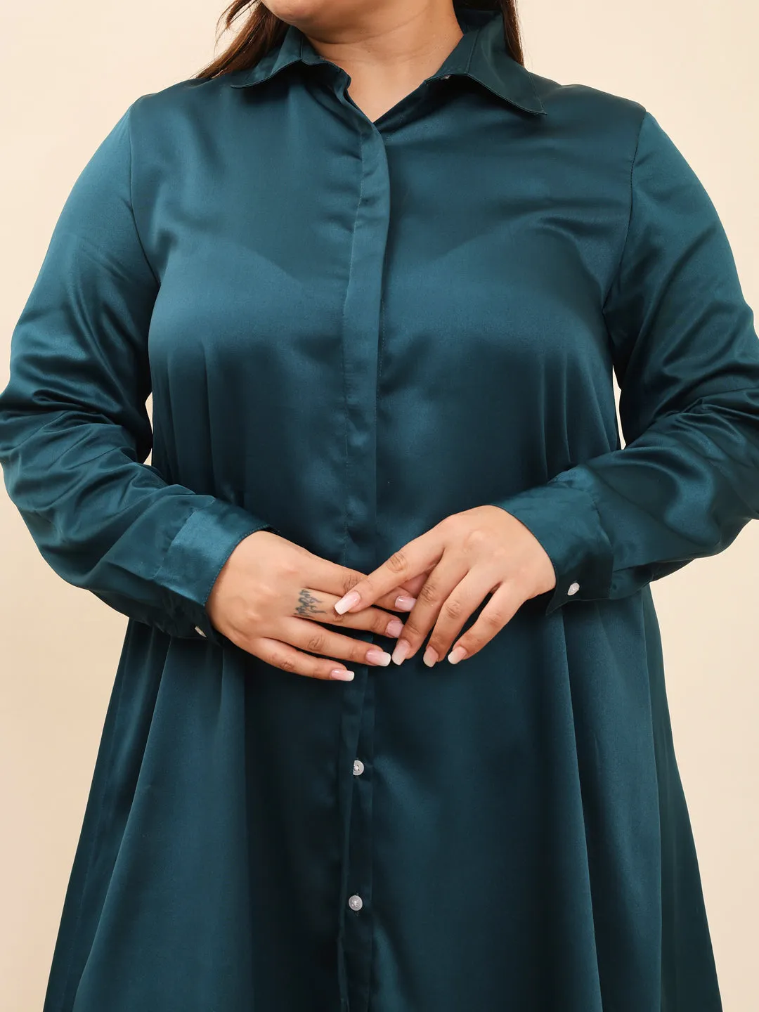 HOOR - GREEN SATIN KNEE LENGTH SHIRT PLUS DRESS