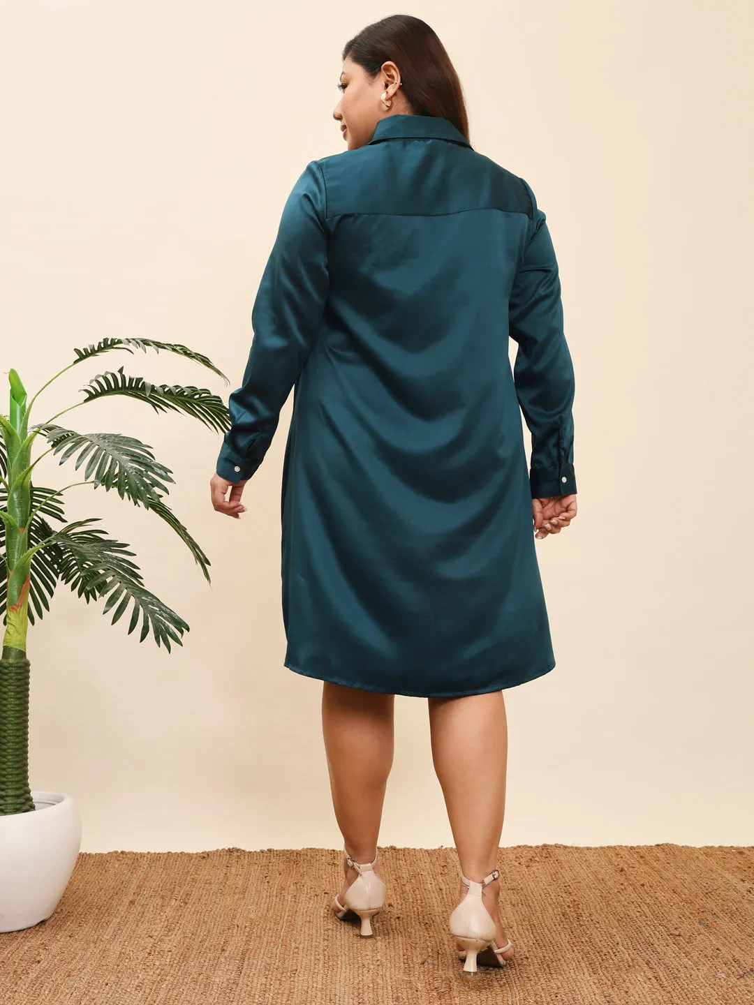 HOOR - GREEN SATIN KNEE LENGTH SHIRT PLUS DRESS