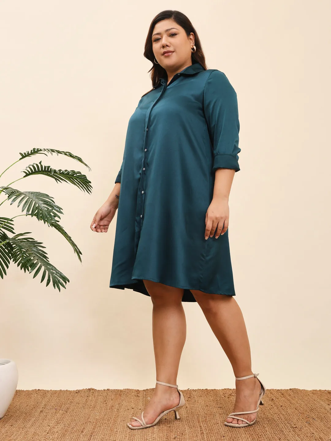 HOOR - GREEN SATIN KNEE LENGTH SHIRT PLUS DRESS