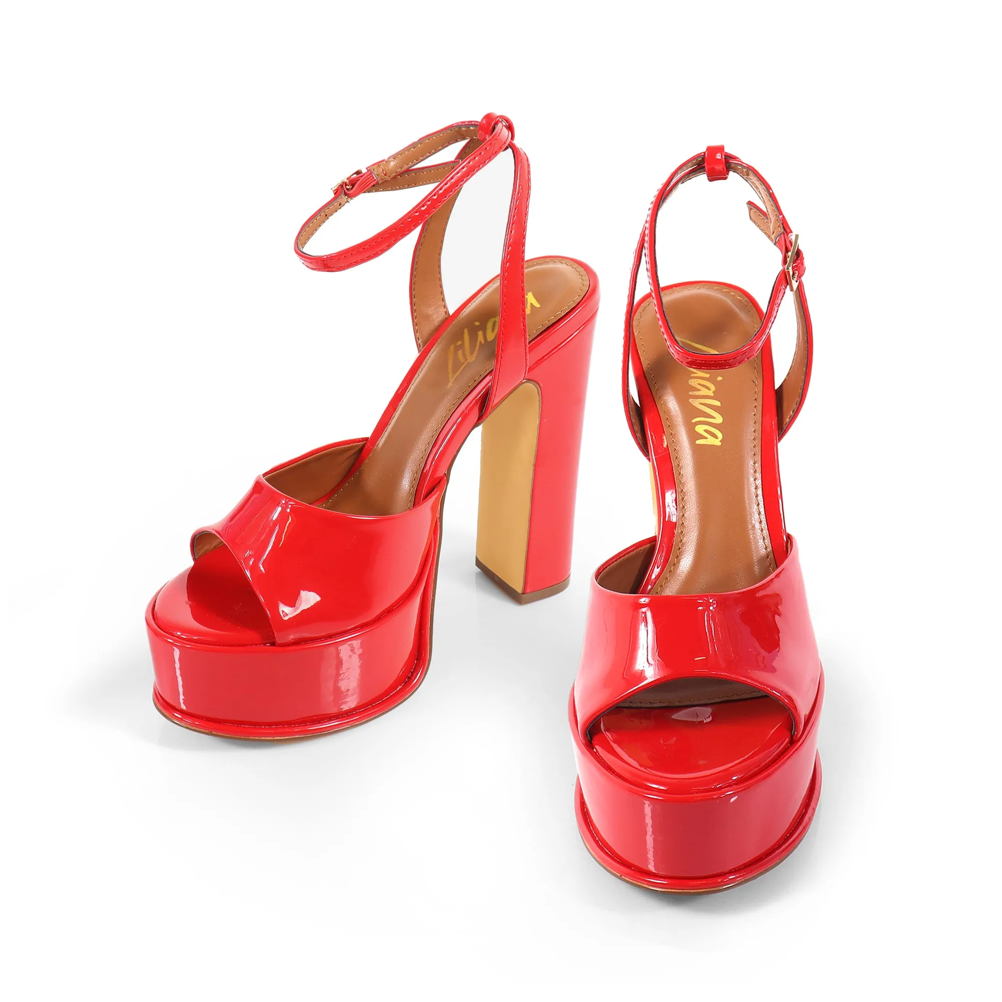 JOSY-6 Red Patent Faux Leather Platform Heel - Ankle Strap with Adjustable Buckle