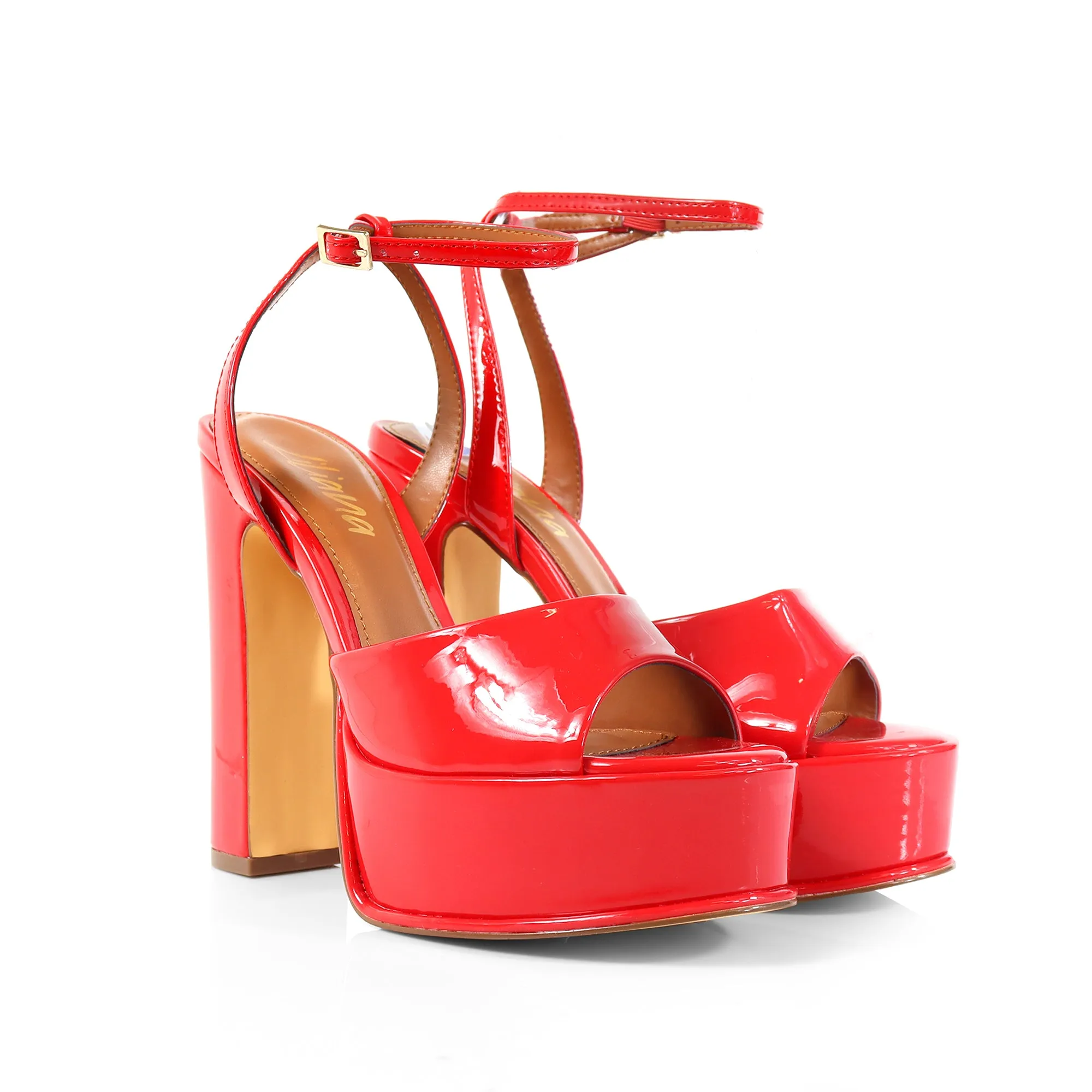 JOSY-6 Red Patent Faux Leather Platform Heel - Ankle Strap with Adjustable Buckle