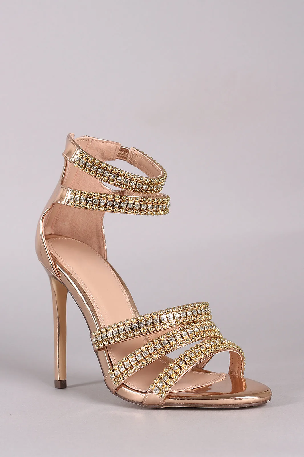Metallic Rhinestone Beaded Accent Strappy Stiletto Heel
