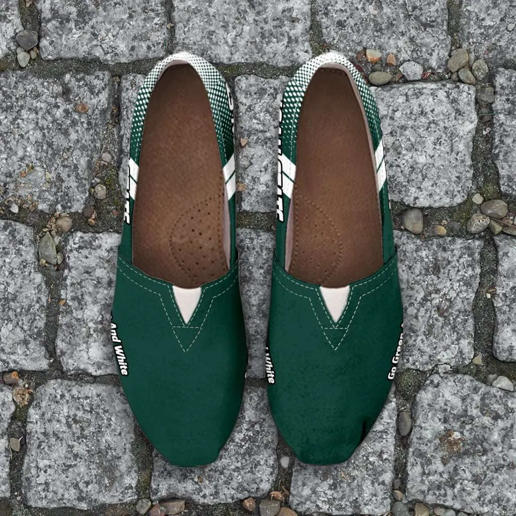 Michigan State Go Green and White Basketball Fan Casual Canvas Slip on Shoes Women's Flats