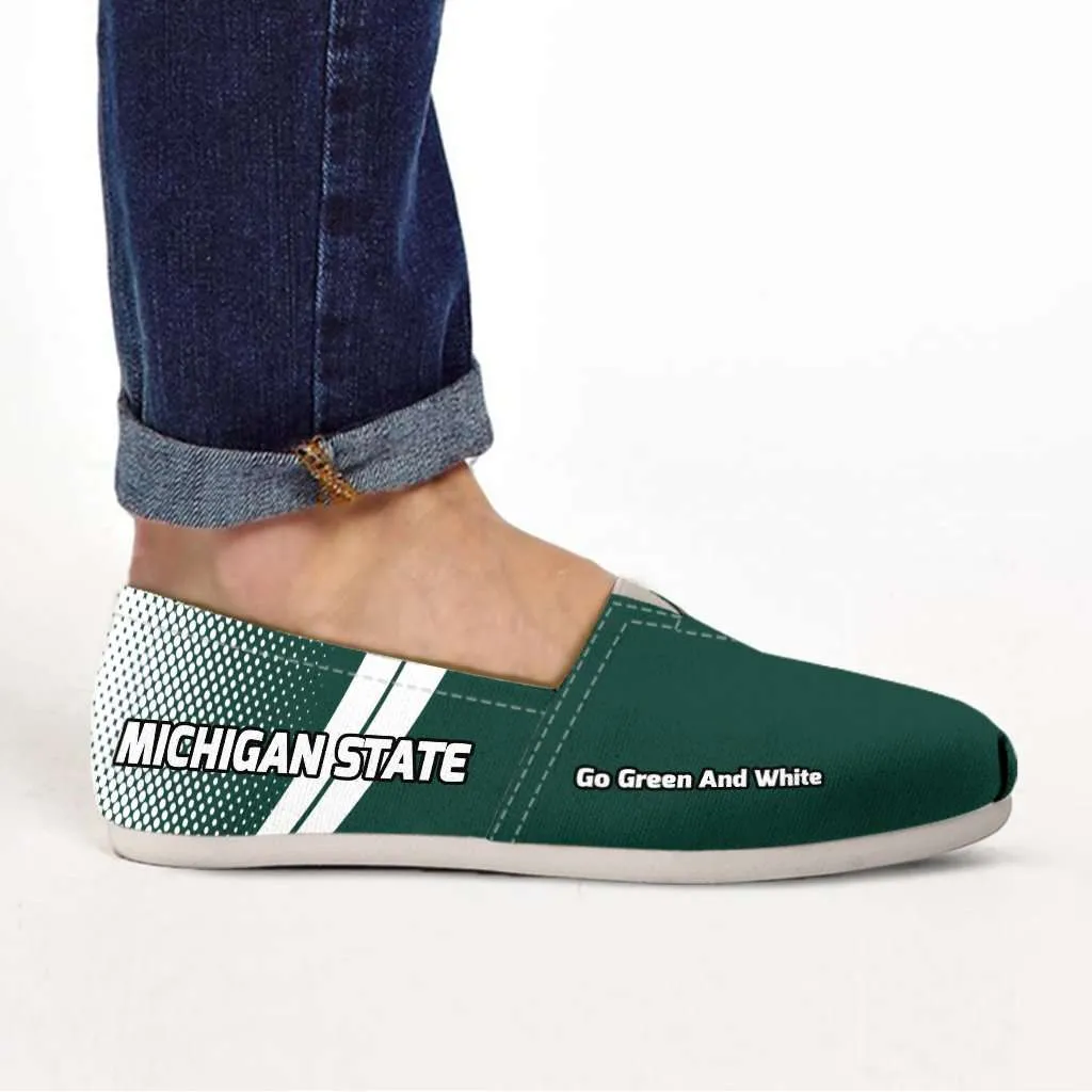 Michigan State Go Green and White Basketball Fan Casual Canvas Slip on Shoes Women's Flats