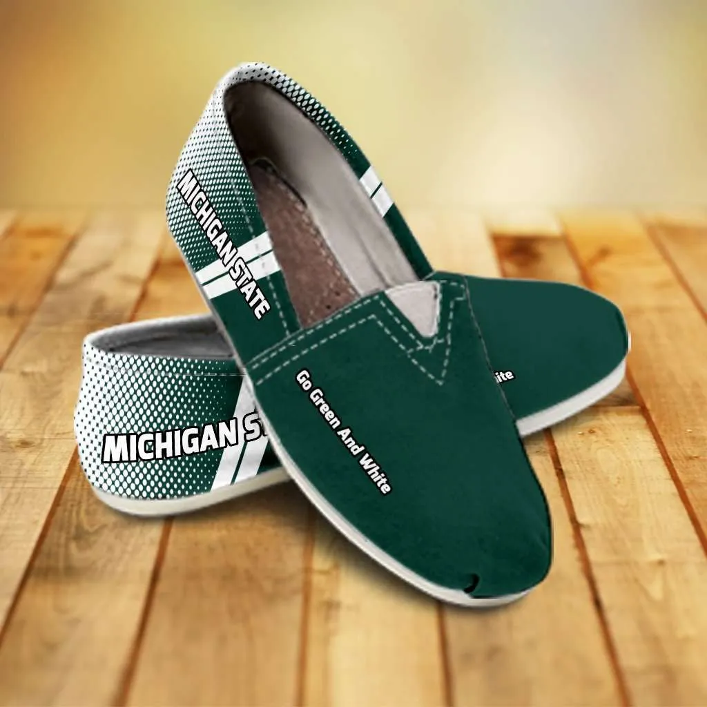 Michigan State Go Green and White Basketball Fan Casual Canvas Slip on Shoes Women's Flats