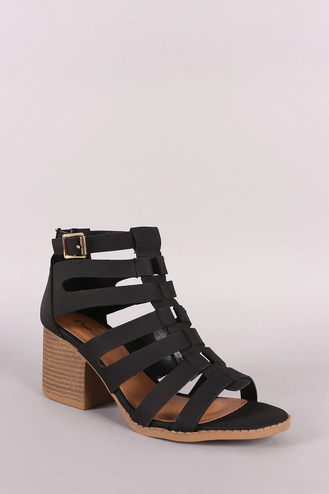 Qupid Nubuck Caged Cutout Chunky Heeled Booties