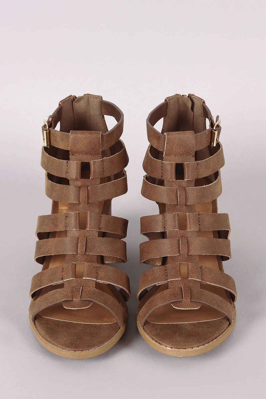 Qupid Nubuck Caged Cutout Chunky Heeled Booties