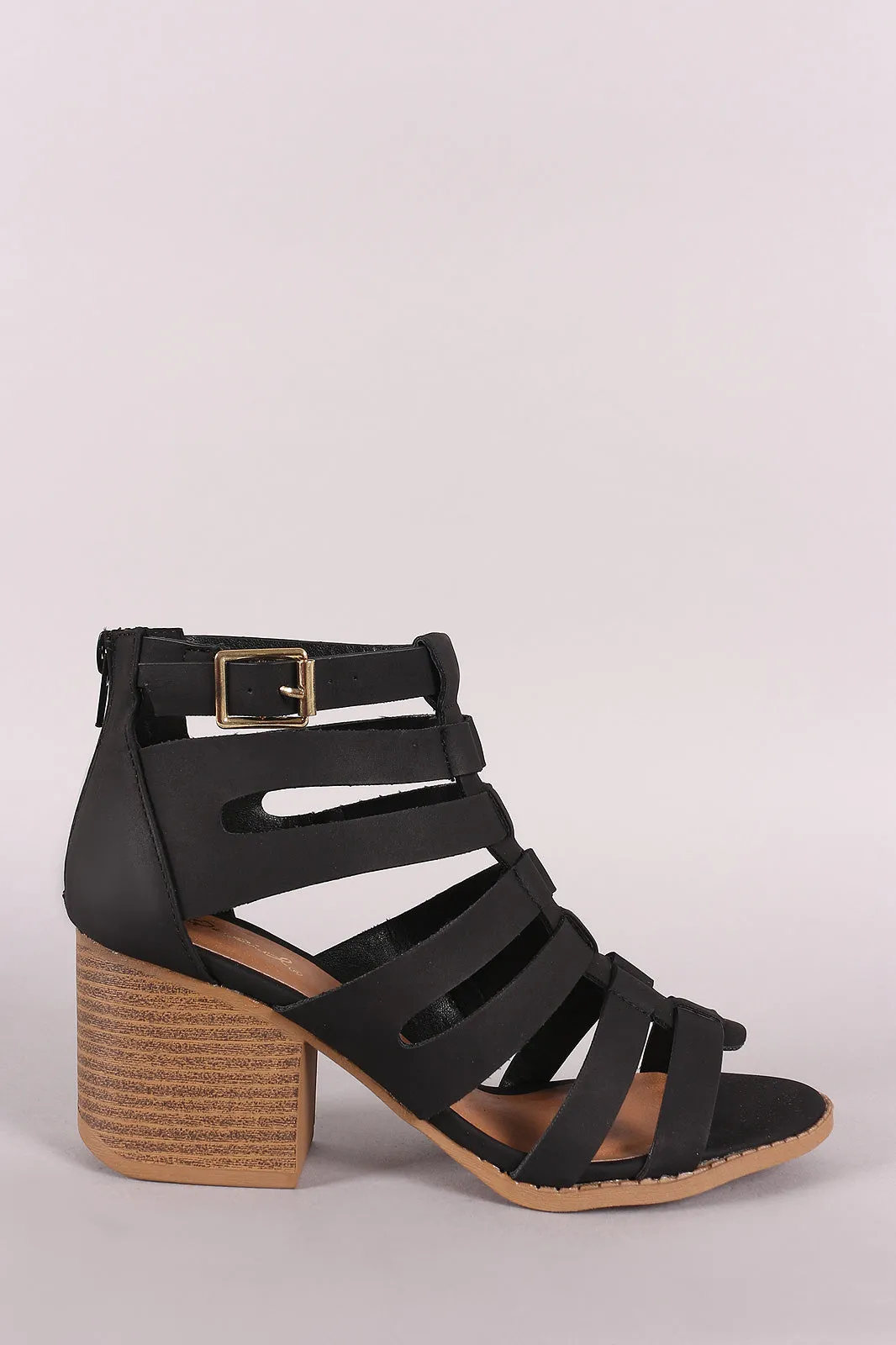 Qupid Nubuck Caged Cutout Chunky Heeled Booties