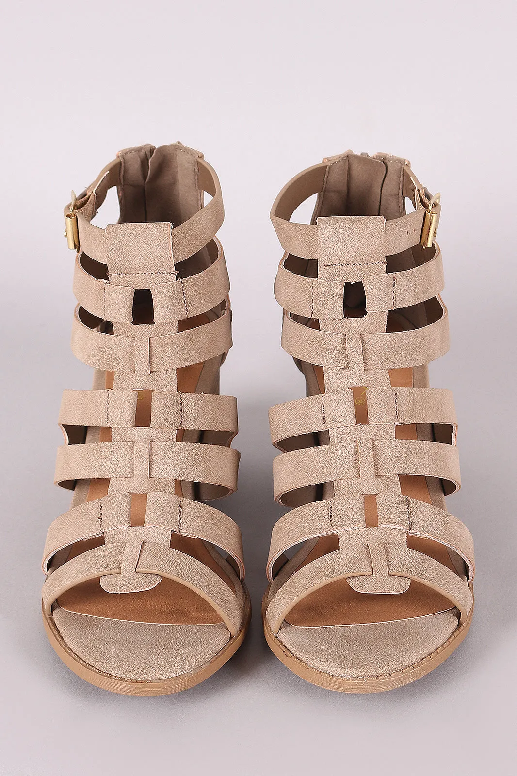 Qupid Nubuck Caged Cutout Chunky Heeled Booties