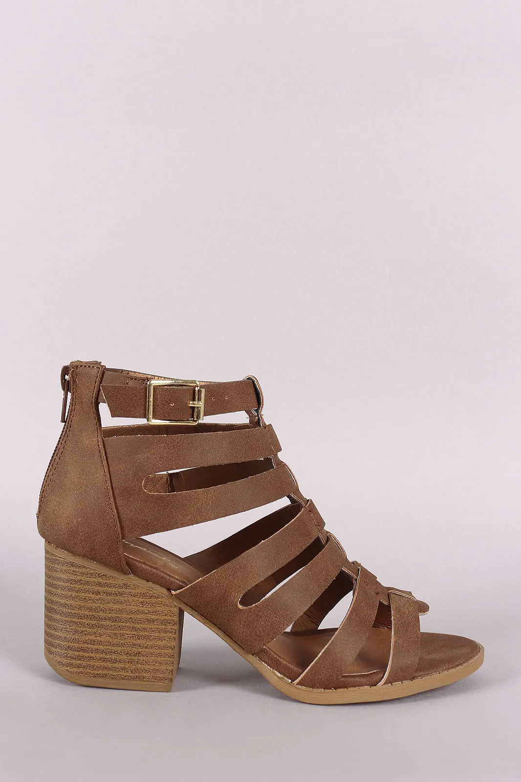 Qupid Nubuck Caged Cutout Chunky Heeled Booties