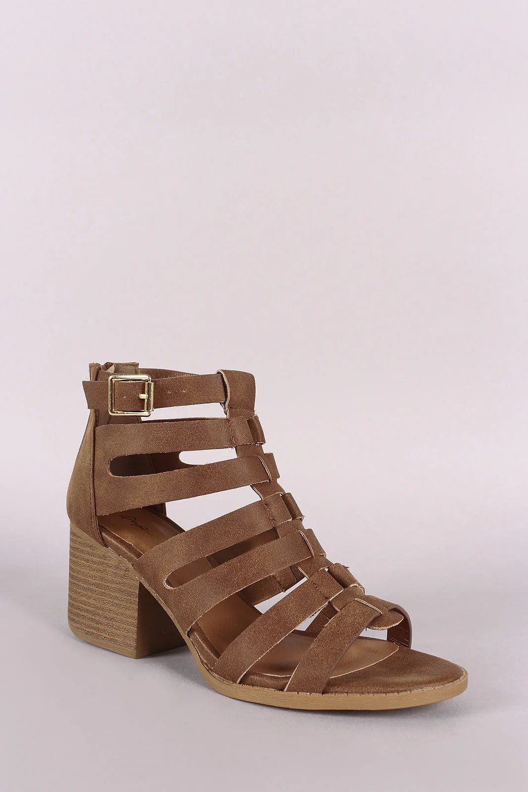 Qupid Nubuck Caged Cutout Chunky Heeled Booties