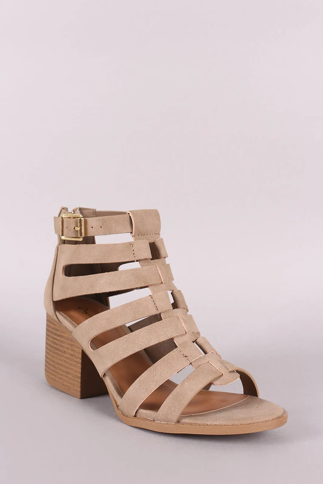 Qupid Nubuck Caged Cutout Chunky Heeled Booties