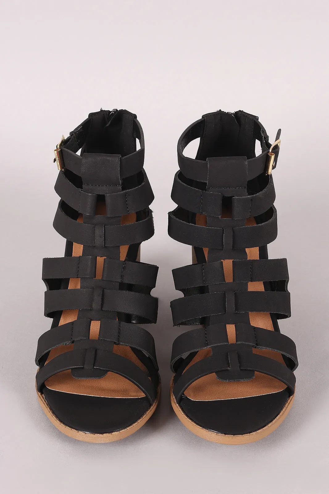 Qupid Nubuck Caged Cutout Chunky Heeled Booties