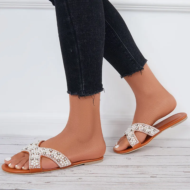 Sohiwoo  Women Crisscross Pearl Slides Open Toe Slip on Sandals